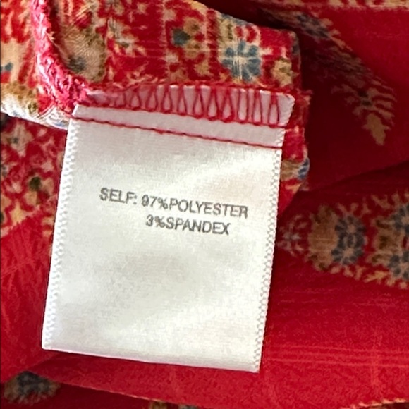 Women Rose & Olive Vibrant Red Patterned Boho V Neck Balloon Sleeve Top Size L - Picture 7 of 7
